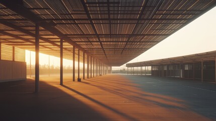 Naklejka premium Empty outdoor parking structure with a large overhead roof providing shade, capturing the warm glow of the setting sun and casting long, dramatic shadows across the pavement