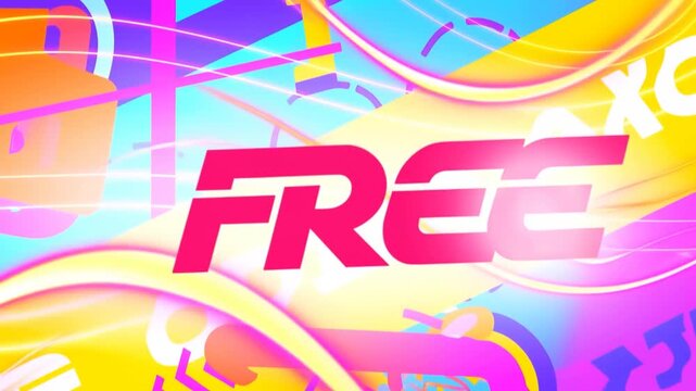 Tracking shot of bold free text sliding across colorful abstract background with flowing motion streaks and glossy gradient shapes in digital studio banner