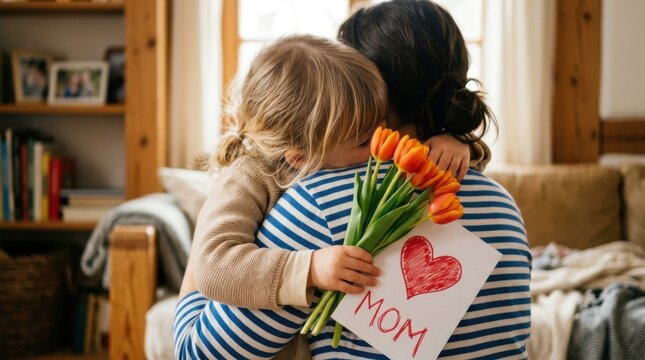 Heartfelt Hug Between Mother and Child with Mothers Day Flowers