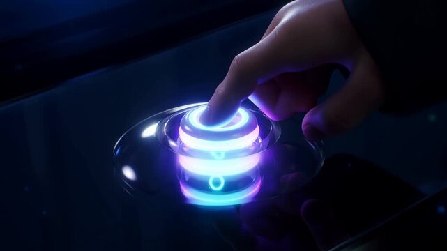 Slow motion close up of human finger pressing glowing futuristic button on glass tabletop in dark interior with reflective surface