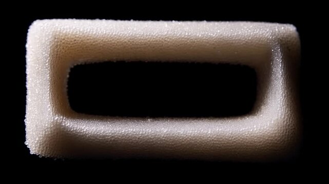 Tracking shot of small rectangular foam gasket slowly sliding and rotating on black background in macro close up with studio lighting and high contrast detail study