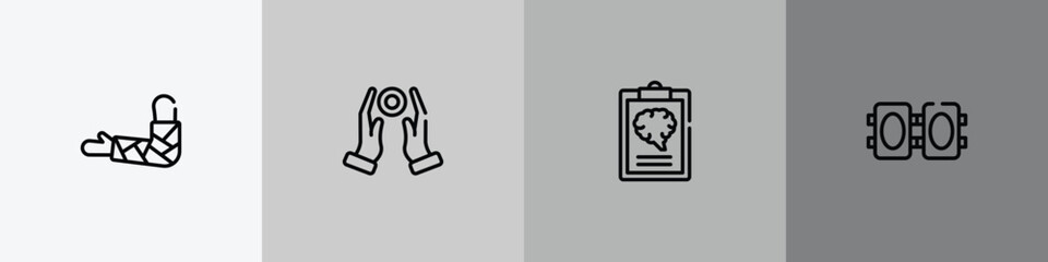 physiotherapy outline icon set featuring broken hand, reiki, mental checklist, knee pad icons. © VectorStockDesign