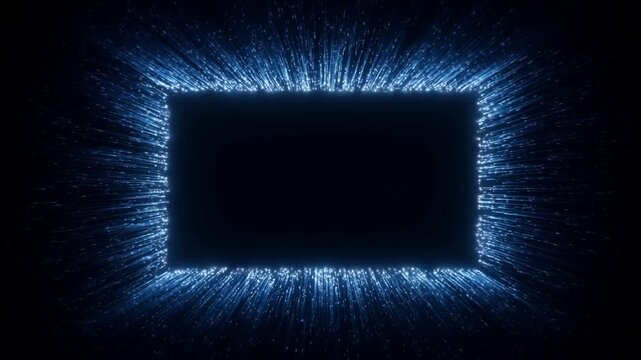 Slow motion static shot of glowing blue particle frame radiating from rectangular portal in dark abstract studio space with shimmering neon energy streaming outward around black center