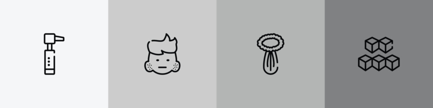 allergies outline icon set featuring otoscope, swelling, celery, sugar cube icons.