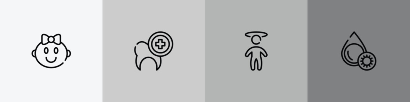 blood donation outline icon set featuring baby girl, dental care, dizzy, platelet icons.