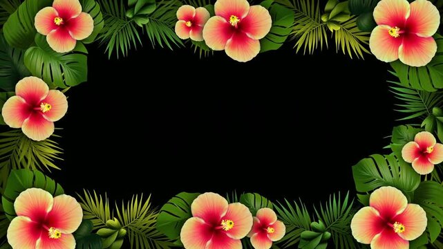 Panning shot of tropical hibiscus border sliding across black studio backdrop panoramic banner horizontal seamless floral frame