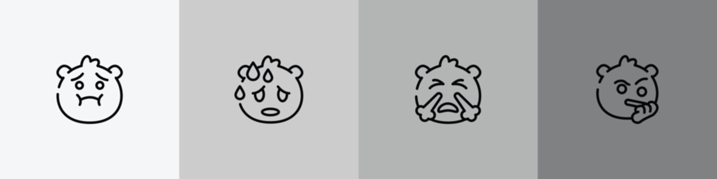 emoji outline icon set featuring nauseated emoji, sweating emoji, with steam from e, suspicious icons.