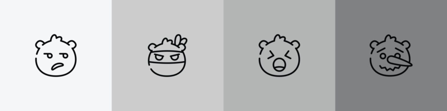 emoji outline icon set featuring disappointed emoji, ninja emoji, yelling lying icons.