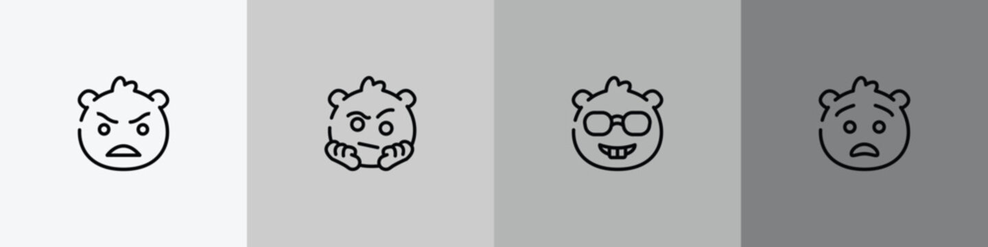 emoji outline icon set featuring angry emoji, suspect emoji, nerd anguished icons.