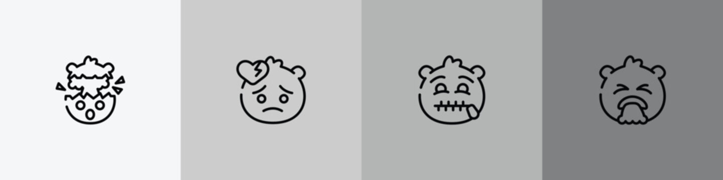 emoji outline icon set featuring exploding head emoji, broken heart emoji, secret disgusted icons.