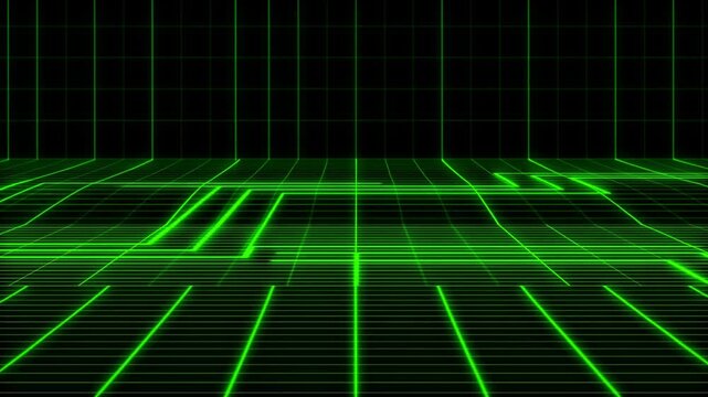 Tracking shot of neon grid floor scrolling forward with subtle tilt toward horizon in virtual cyberspace environment