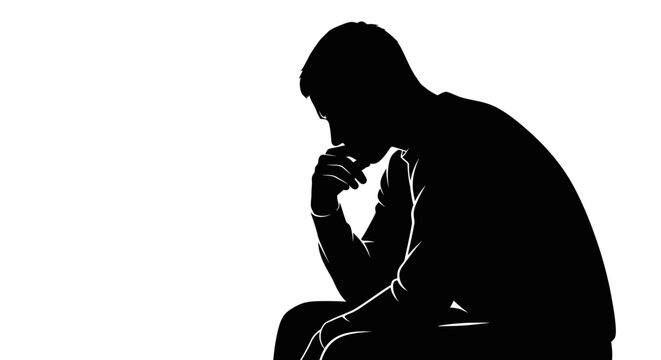 Silhouette of a man sitting in deep thought against a white background.