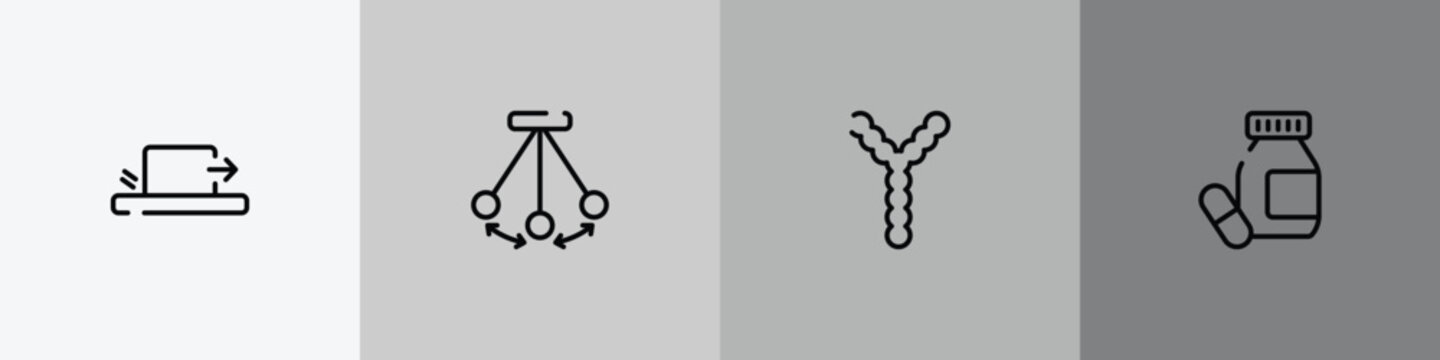 research & science outline icon set featuring friction, pendulum, chromosome, medicines icons.