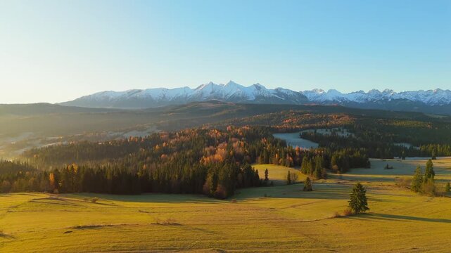 The breathtaking aerial view of beautiful nature in Tantra mountains in autumn