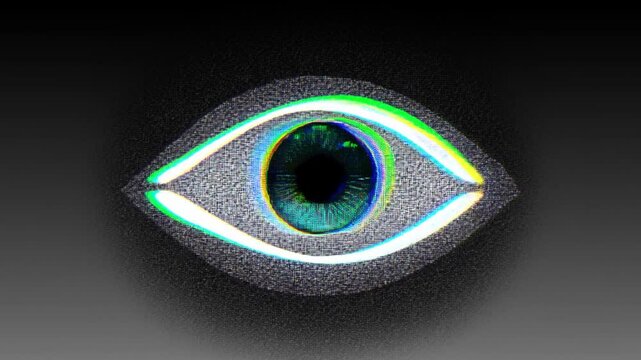 Slow motion close up of animated eye showing pupil dilation and color shift with glitchy digital graphic on gray gradient background
