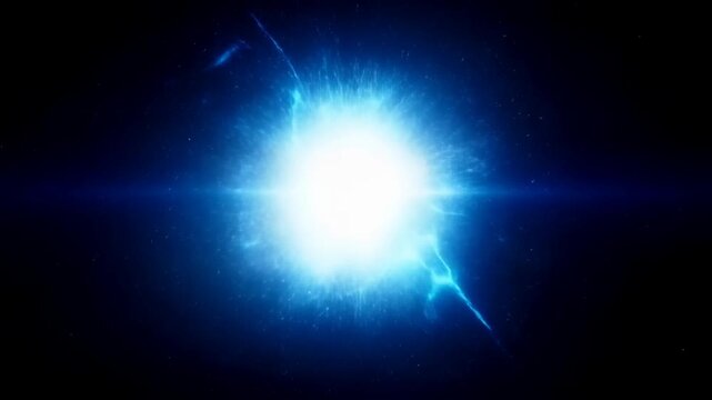 Zooming in shot of bright stellar core expanding and emitting energy in deep outer space galaxy void with glowing blue plasma flare and radiating light