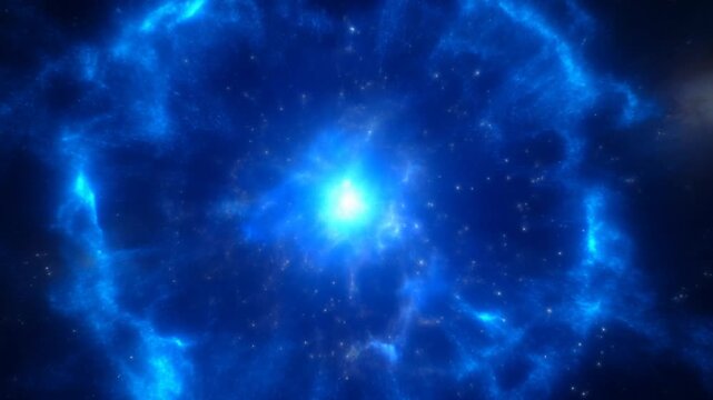 Zoom in of bright blue star erupting with expanding nebula in deep space, tracking shot revealing glowing cosmic shell and radiating stellar core