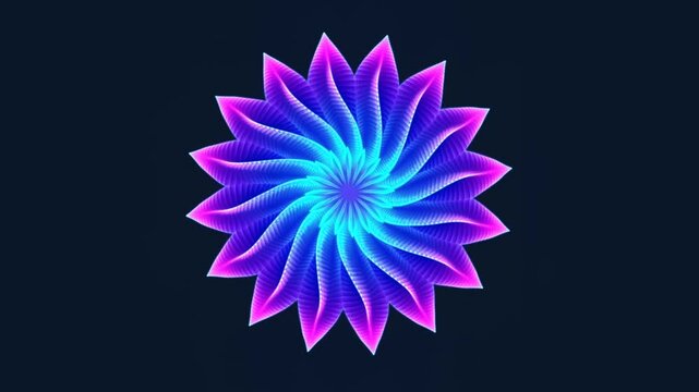 Slow zoom in of abstract geometric flower rotating and expanding into large neon mandala against dark isolated digital backdrop
