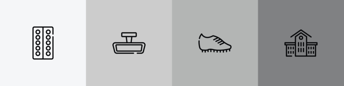 sports outline icon set featuring blister, rearview mirror, football boots, kindergarten icons.