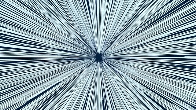 Zooming forward shot of radial light streaks rushing from center through abstract space tunnel creating hyperspace motion effect