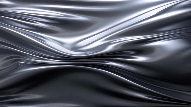 Slow motion tracking shot of metallic fluid rippling and undulating across reflective surface in indoor studio set with closeup pan movement