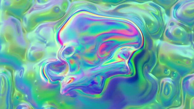 Tracking shot of iridescent skull slowly rotating and submerging in viscous liquid surface within abstract colorful fluid background