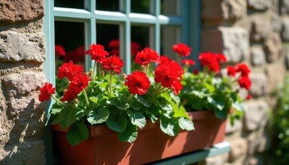 Fototapeta premium Red geranium flowers bloom in window box on stone wall. Green leaves contrast with bright petals. Sunlight shines on plants, creating pleasant home decor.