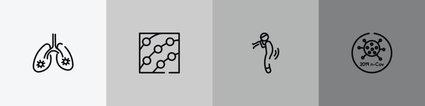 outline icon set featuring infected lungs, dermatitis, difficulty breathing, 2019-ncov icons.