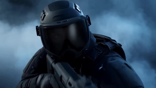 Tracking shot of tactical officer aiming rifle and advancing through dense smoke in dark interior warehouse setting close up