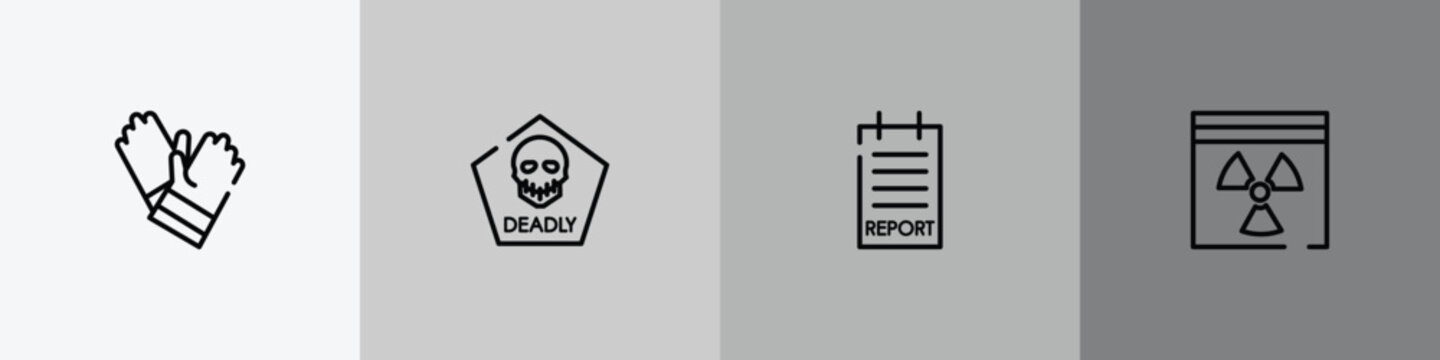 outline icon set featuring gloves, deadly, report, hazmat icons.