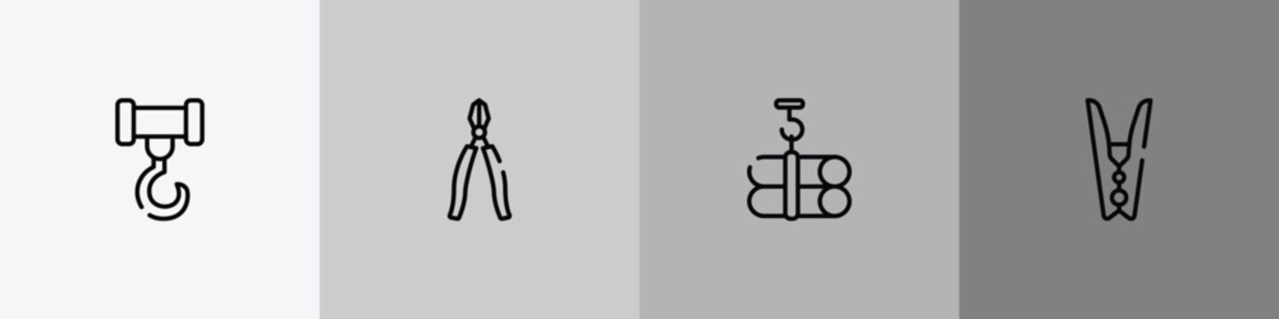 housekeeping outline icon set featuring crane hook, big pliers, tubes hook, clothespin icons.