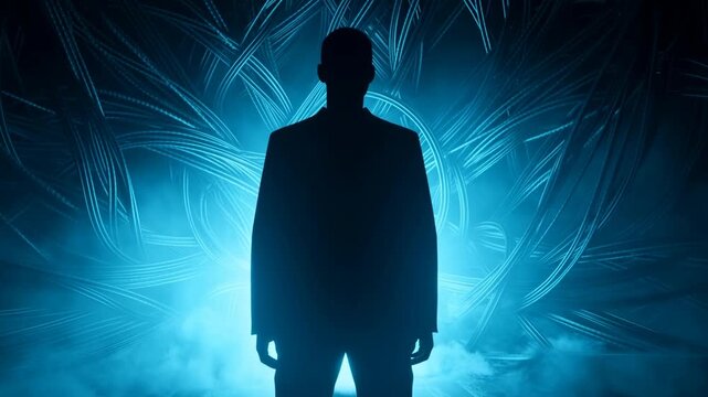Tracking shot of silhouetted man stepping forward and standing against illuminated abstract blue backdrop with smoke in studio setting
