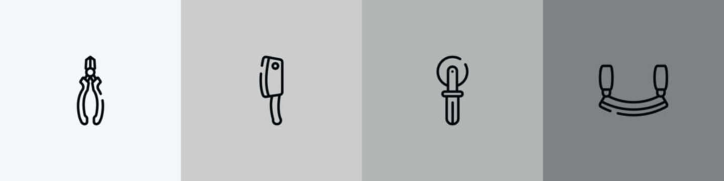 cutting tool outline icon set featuring nippers, cleaver, knife for pizza, mezzaluna icons.