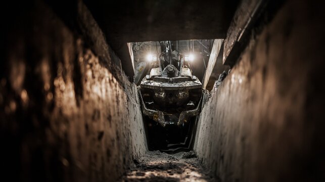 High contrast shot inside narrow concrete shaft small unbranded micro tunneling machine head covered realistic dirt grease emerging hole Intricate mechanical teeth dark underground atmosphere bright