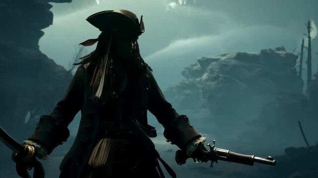 Tracking shot of pirate confronting with pistol and cutlass on misty rocky coastal shore at twilight