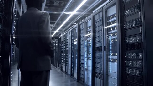 Tracking shot of man walking and inspecting server racks in data center aisle with cool led lighting for network operations
