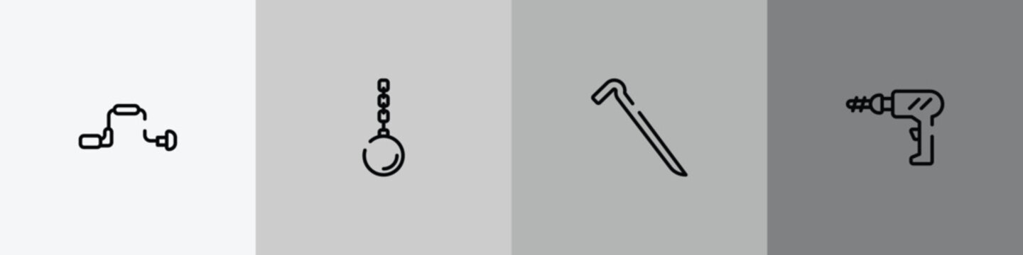 carpentry diy tools outline icon set featuring brace, wrecking ball, crowbar, perforator icons.
