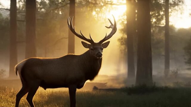 Slow tracking dolly shot of stag turning and stepping toward forest clearing with misty sunrise backlight in woodland