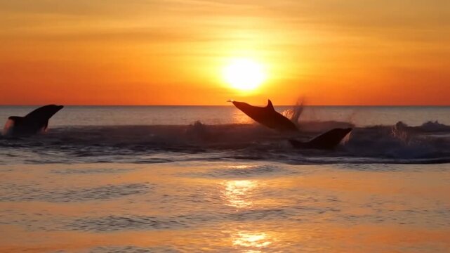Tracking shot of dolphins leaping and splashing through ocean waves near shore at sunset with silhouetted reflections on calm sea