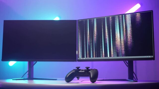 Static shot of dual monitors and game controller on desk displaying glitching colorful vertical lines under purple blue rgb studio lighting