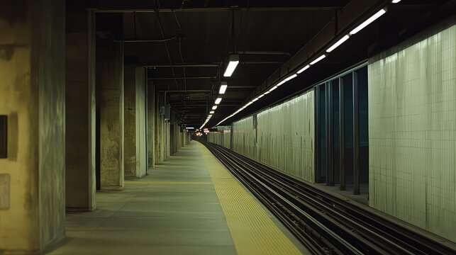 Underground subway station platform showing an empty track curving into the distance under fluorescent lights, emphasizing urban transit and an architecture of repetition and depth