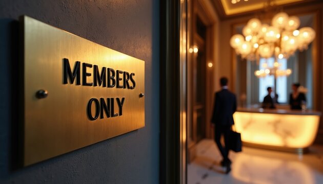 Brass plate with text members only near reception desk. Man in suit walks into luxury hotel. Exclusive club entrance, VIP area, restricted access, elite service. High class interior.