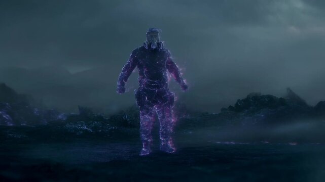 Static shot of soldier in gas mask transforming into purple particle hologram on desolate misty rocky wasteland at twilight