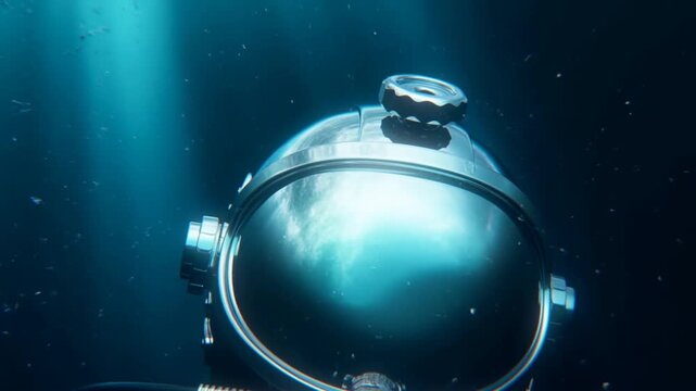 Slow tracking forward shot of vintage diving helmet rising and floating toward surface in deep ocean with light rays and particles