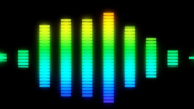 Panning shot of colorful audio equalizer bars pulsing and shifting horizontally across black background with glowing rainbow spectrum and symmetrical waveform motion