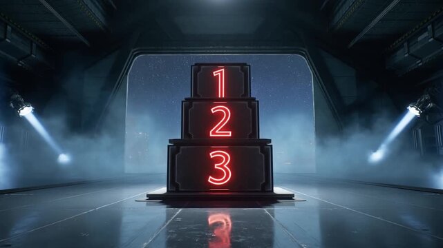 Tracking shot of numbered neon crate stack moving forward into illuminated foggy futuristic hangar opening revealing distant city skyline at night