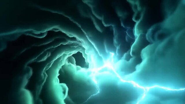 Tracking shot dolly zoom into storm cloud vortex spiraling inward with electric lightning and teal glowing tunnel inside storm atmosphere