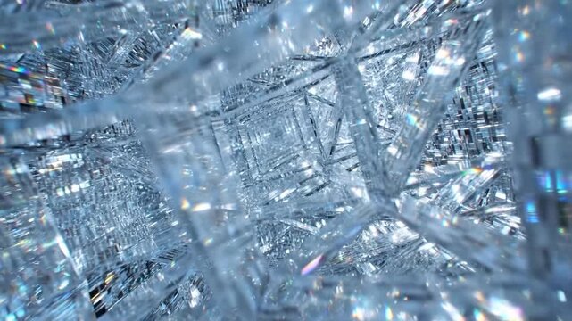 Tracking shot through crystalline tunnel of glass lattice spinning and refracting light inside abstract prism interior