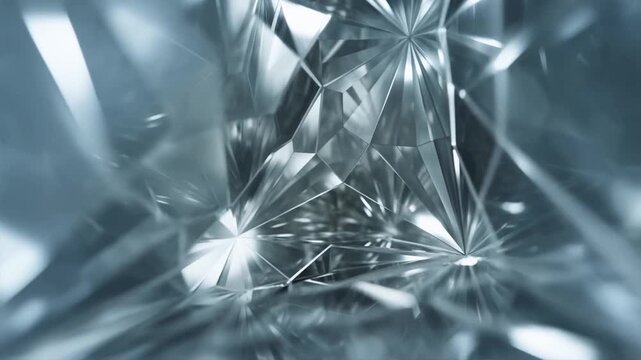 Slow motion tracking shot of crystal and glass facets refracting light inside studio close up of diamond prism surfaces