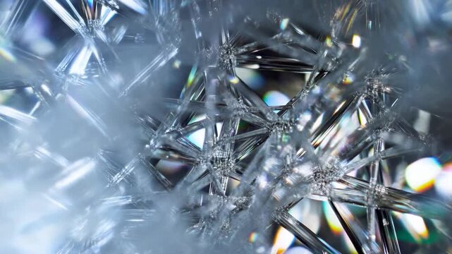 Macro tracking slow motion shot of ice crystals shifting and refracting light on frozen surface close up showing snowflake lattice shimmering with iridescent highlights in winter